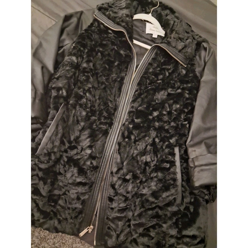 Dennis Basso Faux Fur Jacket Vest Zip-Off Leather Sleeves Black Statement Glam - Picture 3 of 16